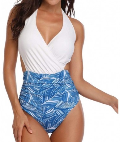 Cover-Ups Swimsuits for Women One Piece Tummy Control One Pieces Swimsuit High Neck Plunge Leaf Ruched Monokini Swimwear Blue...