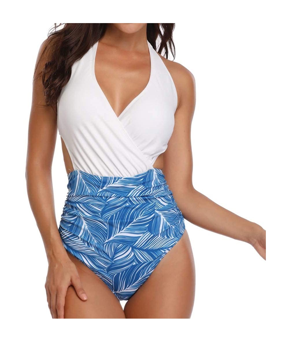 Cover-Ups Swimsuits for Women One Piece Tummy Control One Pieces Swimsuit High Neck Plunge Leaf Ruched Monokini Swimwear Blue...