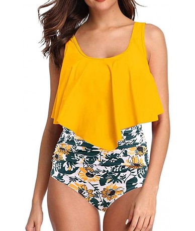 Sets Swimsuit for Women Two Piece Sexy Backless Halter Swimwear Printed High Waisted Bikini Set - Yellow - CA195LZW5X8 $26.81