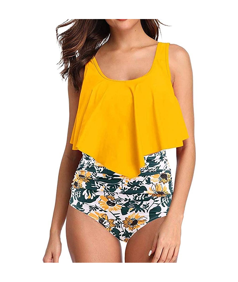 Sets Swimsuit for Women Two Piece Sexy Backless Halter Swimwear Printed High Waisted Bikini Set - Yellow - CA195LZW5X8 $26.81