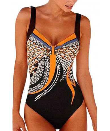 Sets Women's Vintage Print Halter Bikini One Piece Swimsuit Holiday Beachwear Bathing Suit - Orange - CG18NWGA8AX $32.60