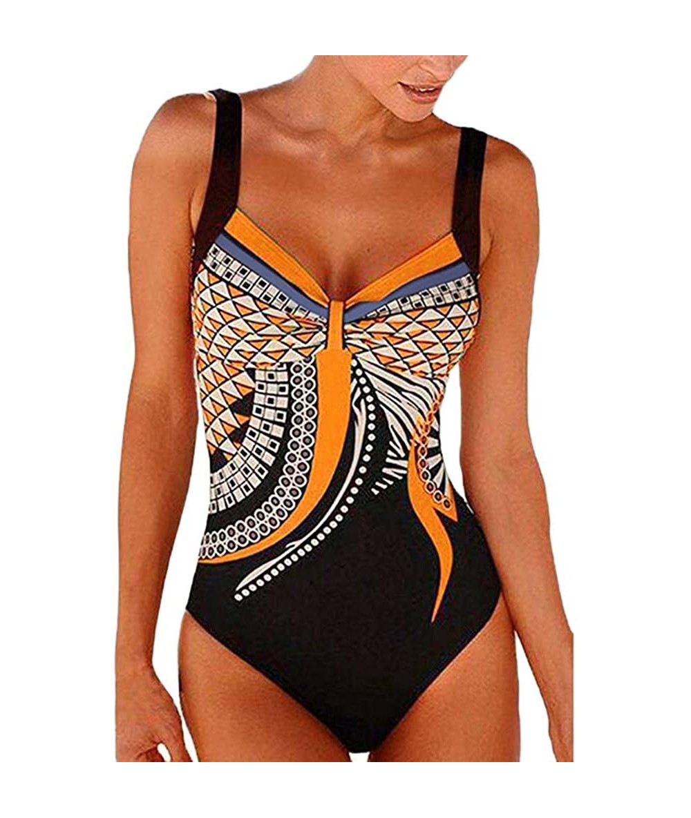 Sets Women's Vintage Print Halter Bikini One Piece Swimsuit Holiday Beachwear Bathing Suit - Orange - CG18NWGA8AX $32.60