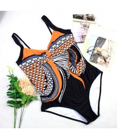 Sets Women's Vintage Print Halter Bikini One Piece Swimsuit Holiday Beachwear Bathing Suit - Orange - CG18NWGA8AX $32.60