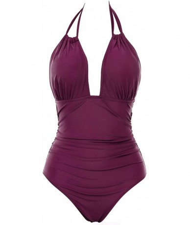 One-Pieces Women One Piece Swimsuit Tummy Control Swimwear V Neck Bathing Suit - Z-wine Red - CO18UG7KYNE $50.72