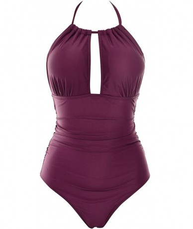 One-Pieces Women One Piece Swimsuit Tummy Control Swimwear V Neck Bathing Suit - Z-wine Red - CO18UG7KYNE $50.72