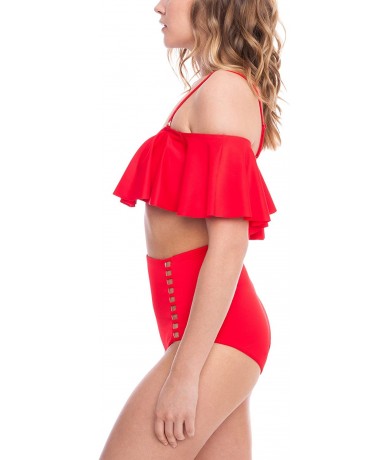 Tankinis Women's Modern High Waist Bikini Bottom The Lenore Eco-Friendly Swimwear - Cherry Red - CQ18CREQ4L8 $41.94