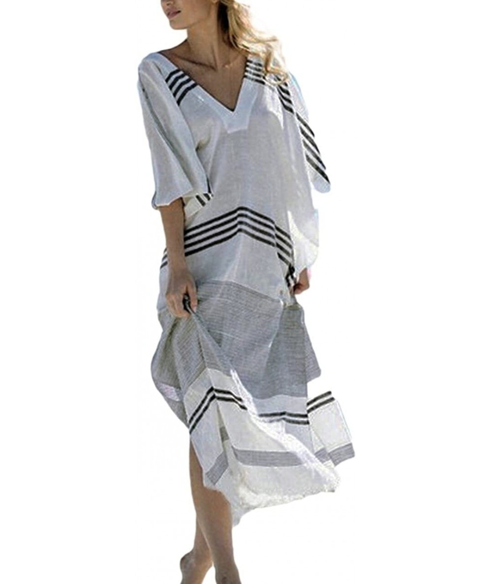 Cover-Ups Women Bathing Suit Cover Up Ethnic Print Kaftan Beach Maxi Dresses - Black White Striped - CC18E5EL9NQ $45.51