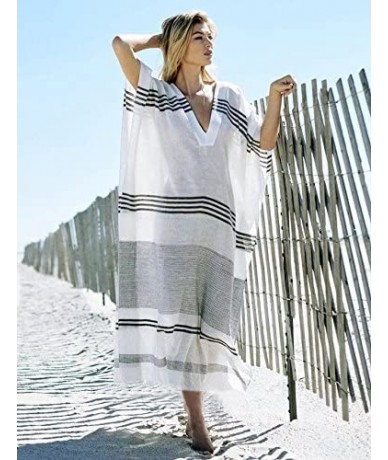 Cover-Ups Women Bathing Suit Cover Up Ethnic Print Kaftan Beach Maxi Dresses - Black White Striped - CC18E5EL9NQ $45.51