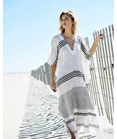 Cover-Ups Women Bathing Suit Cover Up Ethnic Print Kaftan Beach Maxi Dresses - Black White Striped - CC18E5EL9NQ $45.51