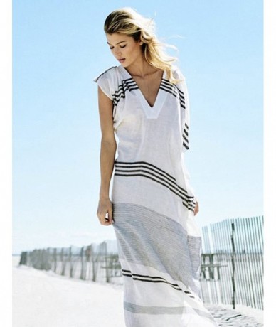 Cover-Ups Women Bathing Suit Cover Up Ethnic Print Kaftan Beach Maxi Dresses - Black White Striped - CC18E5EL9NQ $45.51