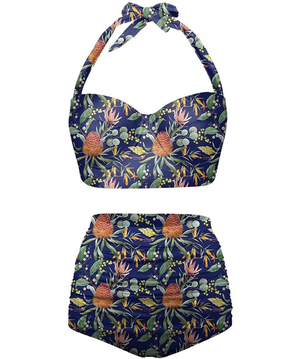 Sets Women's Halter Summer Bright Floral Print Funny Swimsuits High Waisted Bikini Set - Navy-1 - CU196D3EUX2 $66.98