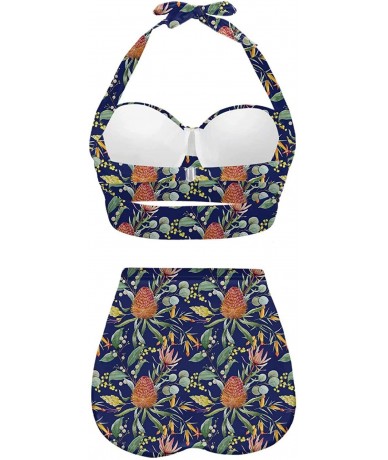 Sets Women's Halter Summer Bright Floral Print Funny Swimsuits High Waisted Bikini Set - Navy-1 - CU196D3EUX2 $66.98