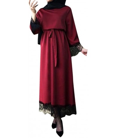 Rash Guards Vestidos Womens 2019 Muslim Dress Ramadan Dubai Kaftan Lace Hem Dress Abaya Islamic Clothing Gown Jalabiyas - Red...