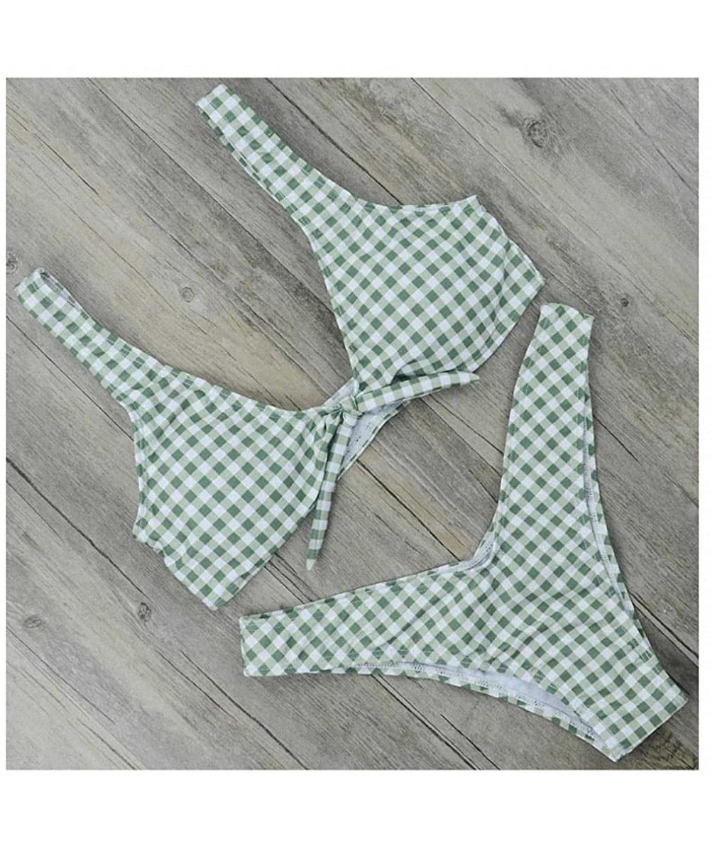 Sets Womens Sexy Thong Bikini Plaid Swimwear Push Up Swimsuit Brazilian Biquini Bow Bikinis Set Bathing Suits Print Green - C...