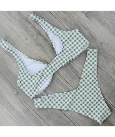 Sets Womens Sexy Thong Bikini Plaid Swimwear Push Up Swimsuit Brazilian Biquini Bow Bikinis Set Bathing Suits Print Green - C...