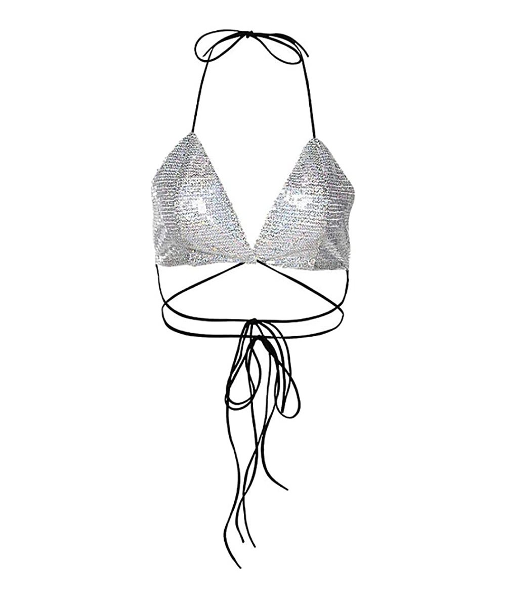 Tops Women Sexy Lace-up Triangle Deep V Bikini Bra Top Vest Downy Halter Backless Crop Top Clubwear - Sequins Silver - CP194U...