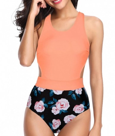 One-Pieces Women One Piece Swimsuit Cutout High Neck Printed Tummy Control Bathing Suit - Pink Floral - C1199704TIS $47.51