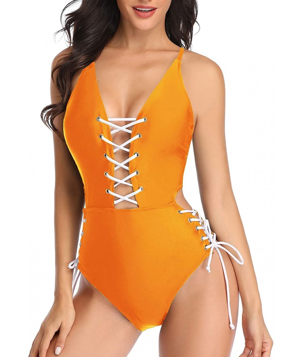 One-Pieces Women One Piece Sexy Lace up Swimsuit Deep V Neck Cutout Bathing Suit - Yellow-1 - CG18UH90GUZ $39.54