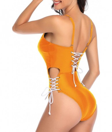 One-Pieces Women One Piece Sexy Lace up Swimsuit Deep V Neck Cutout Bathing Suit - Yellow-1 - CG18UH90GUZ $39.54