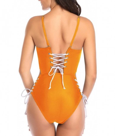 One-Pieces Women One Piece Sexy Lace up Swimsuit Deep V Neck Cutout Bathing Suit - Yellow-1 - CG18UH90GUZ $39.54