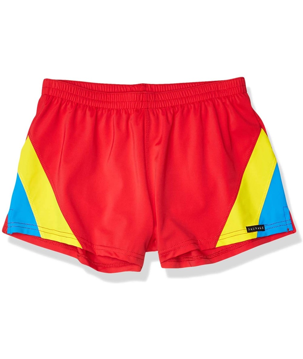 Trunks Men's European Nylon Lycra 80s Color Block Swim Trunk - Red Yellow Turquoise - CL12NGEUA2T $82.66