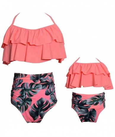 Sets Mom and Daughter Swimwear Straps Ruffle Floral Printed Two Pieces Swimsuit Bikini - Pink/Leaf - CM18NS5E8GT $33.68