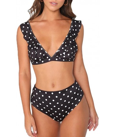 Sets Women's Retro Polka Dot Ruffled Two Pieces Swimsuits High Waisted Bikini Sets Swimwear - Black - C918CU5GTAS $39.99