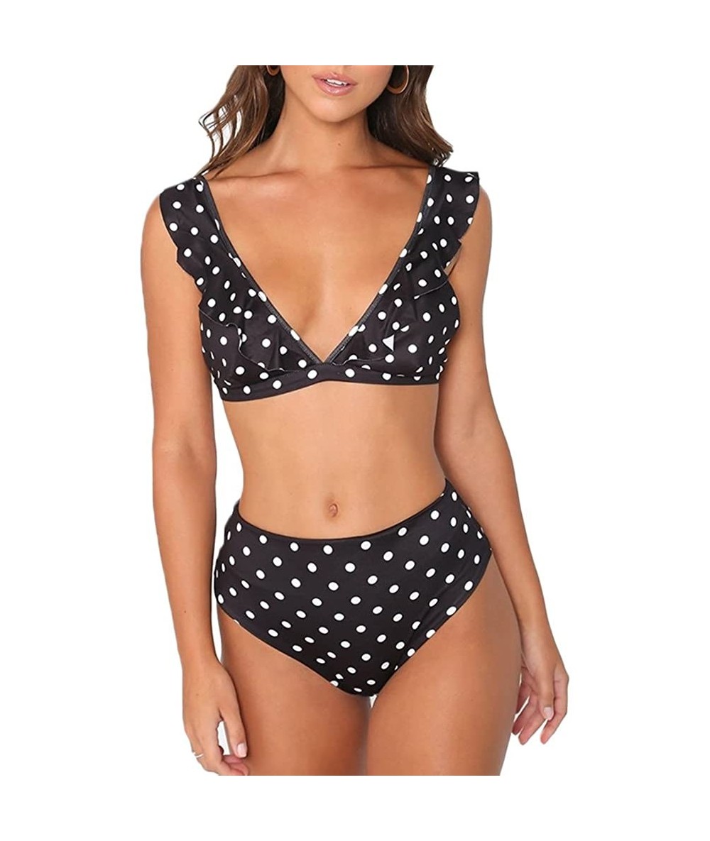 Sets Women's Retro Polka Dot Ruffled Two Pieces Swimsuits High Waisted Bikini Sets Swimwear - Black - C918CU5GTAS $39.99