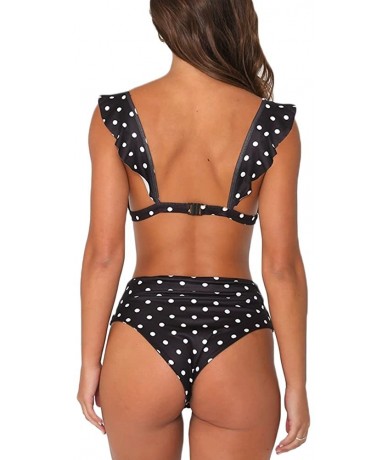 Sets Women's Retro Polka Dot Ruffled Two Pieces Swimsuits High Waisted Bikini Sets Swimwear - Black - C918CU5GTAS $39.99