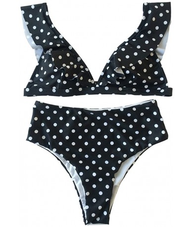 Sets Women's Retro Polka Dot Ruffled Two Pieces Swimsuits High Waisted Bikini Sets Swimwear - Black - C918CU5GTAS $39.99