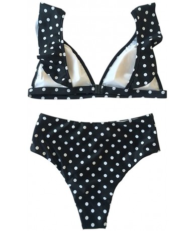 Sets Women's Retro Polka Dot Ruffled Two Pieces Swimsuits High Waisted Bikini Sets Swimwear - Black - C918CU5GTAS $39.99