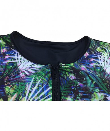 Rash Guards Women's Plus Size Half Sleeves Tropical Leaf Boy-Leg Rash Guard Swimsuit - Green/Black - CO1899R8ADO $48.73