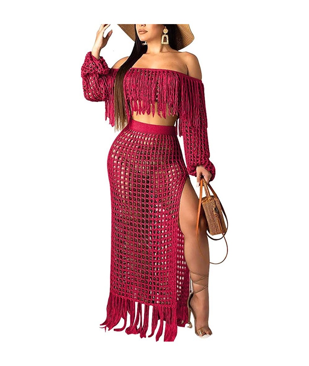 Cover-Ups Women Two Piece Skirt Set - Tassel Hollow Out Off Shoulder High Split Cover Up Bikini Beach Dresses - Wine Red - C5...