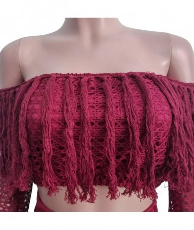 Cover-Ups Women Two Piece Skirt Set - Tassel Hollow Out Off Shoulder High Split Cover Up Bikini Beach Dresses - Wine Red - C5...