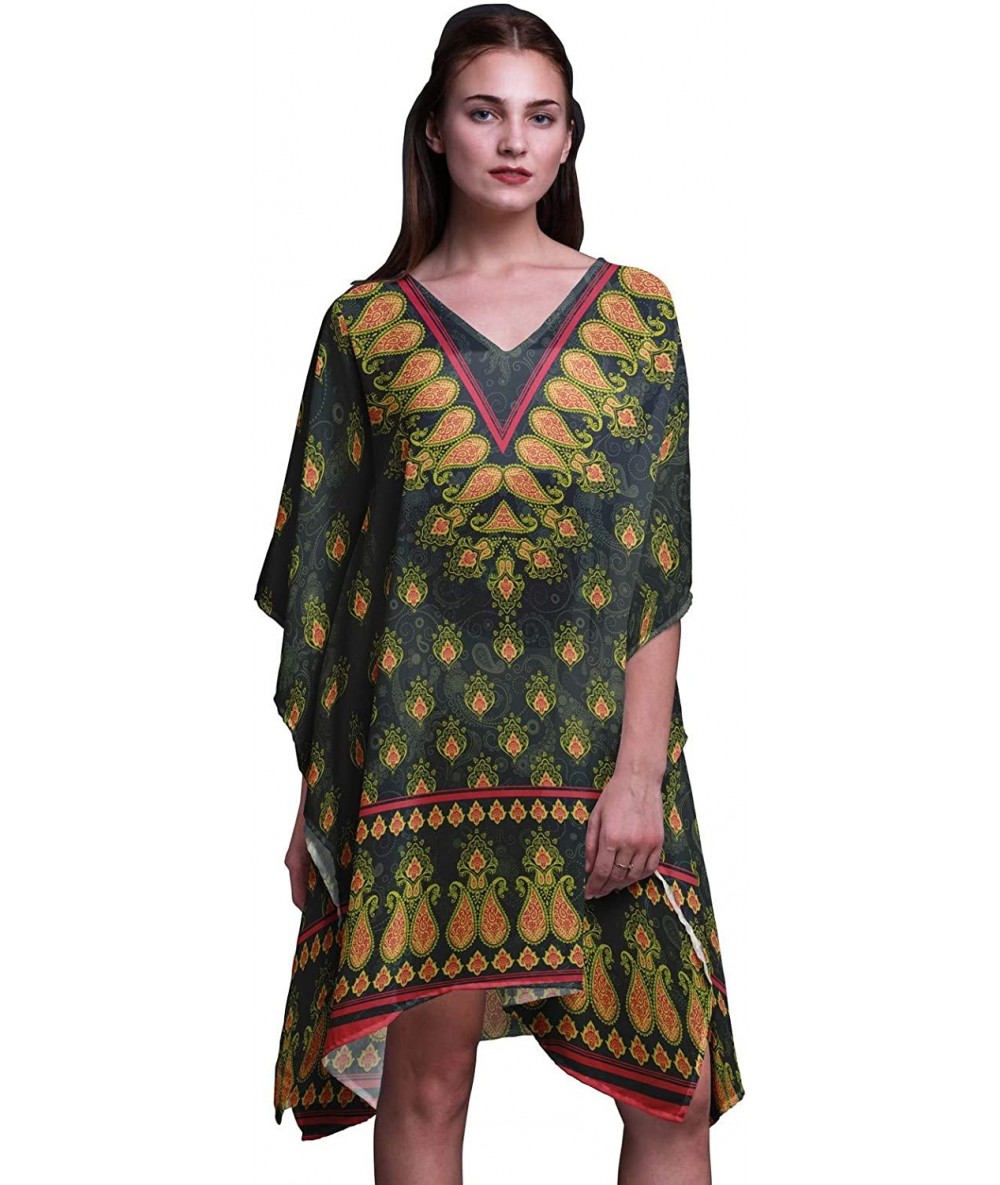 Cover-Ups Green Floral & Paisley Ladies Kaftan Holiday Loungewear Midi Dress Beach Coverup - Dark Green - CO18NCM5M42 $42.29