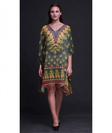 Cover-Ups Green Floral & Paisley Ladies Kaftan Holiday Loungewear Midi Dress Beach Coverup - Dark Green - CO18NCM5M42 $42.29