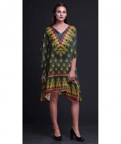 Cover-Ups Green Floral & Paisley Ladies Kaftan Holiday Loungewear Midi Dress Beach Coverup - Dark Green - CO18NCM5M42 $42.29