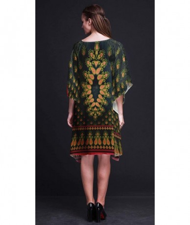 Cover-Ups Green Floral & Paisley Ladies Kaftan Holiday Loungewear Midi Dress Beach Coverup - Dark Green - CO18NCM5M42 $42.29