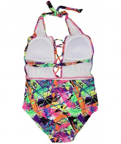 One-Pieces Womens Lace Up Front Rave Wear One Piece Bodysuit Colorful Graffiti Swimsuit for Music Festival Dance - C5194DZ3D7...