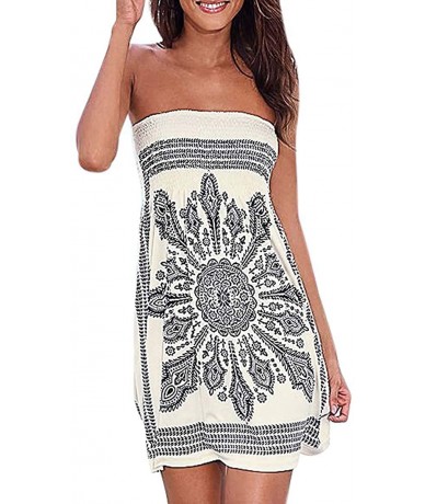 Cover-Ups Women's Strapless Tube Top Totem Print Summer Beach Boho Dresses Swimming Cover Up - Beige - CZ1905R3A06 $36.73