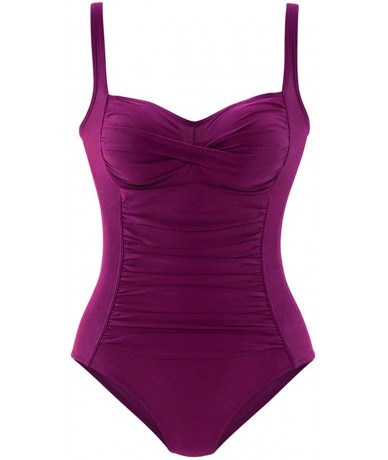 One-Pieces Classic One Piece Solid Color Swimwear Vintage Wire Padded Pleated Beachwear Swimsuits - Purple - CA18GWLX82G $38.38