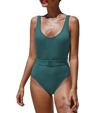 One-Pieces Ribbed One Piece Swimsuit Backless Cheeky Swimwear Bathsuit with Belt - Green - CD1976KKX43 $56.09