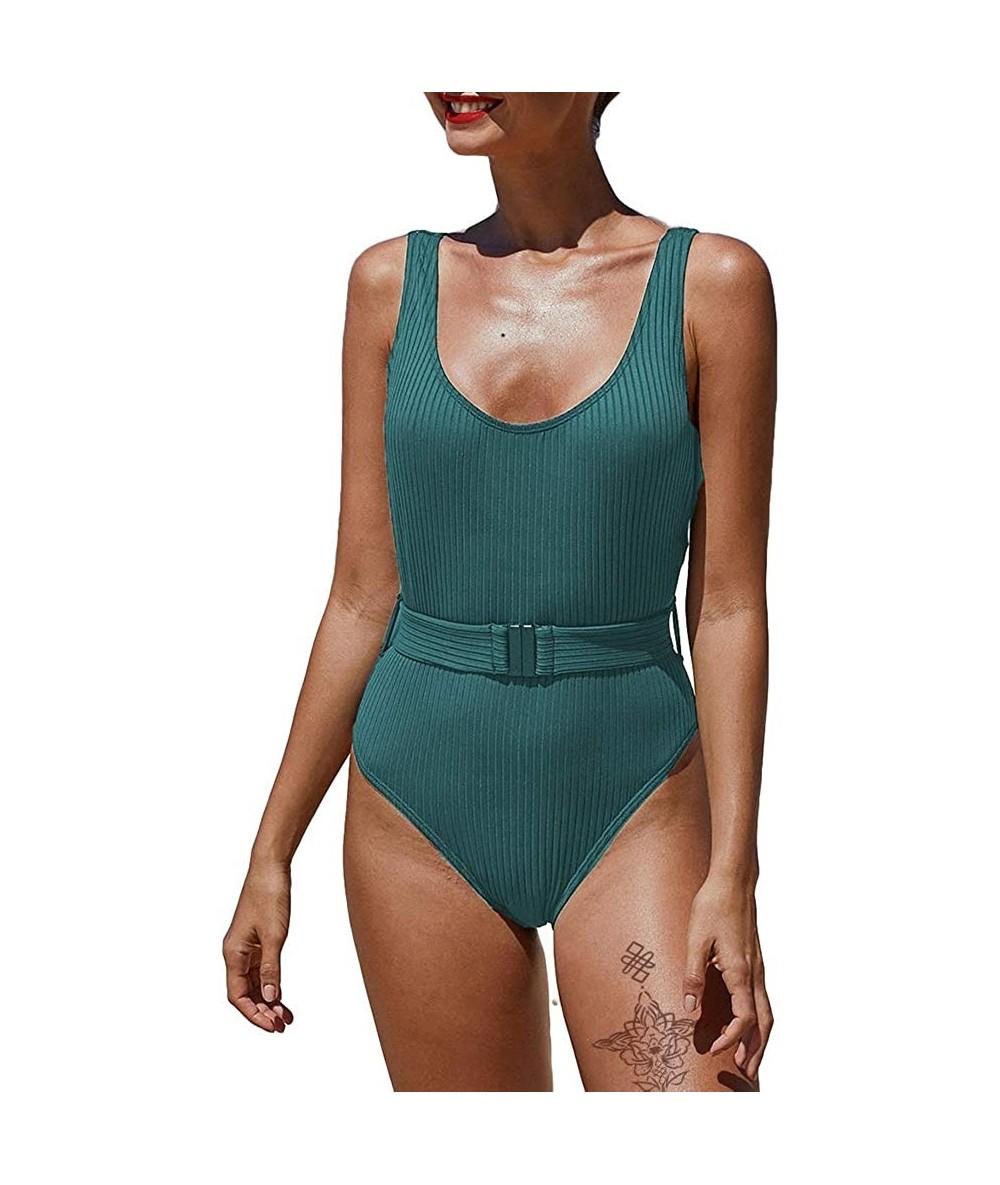 One-Pieces Ribbed One Piece Swimsuit Backless Cheeky Swimwear Bathsuit with Belt - Green - CD1976KKX43 $56.09