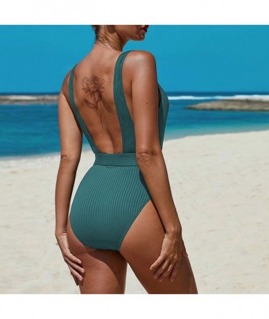 One-Pieces Ribbed One Piece Swimsuit Backless Cheeky Swimwear Bathsuit with Belt - Green - CD1976KKX43 $56.09