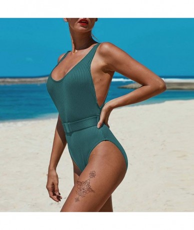 One-Pieces Ribbed One Piece Swimsuit Backless Cheeky Swimwear Bathsuit with Belt - Green - CD1976KKX43 $56.09