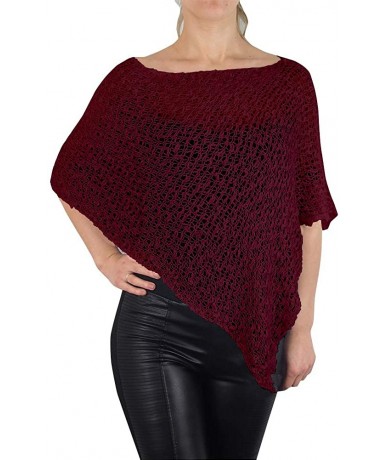 Cover-Ups Ladies Popcorn Crochet Stretch Lace Fish Net Batwing Small Poncho - Burgundy - CQ18R3X7M88 $48.28