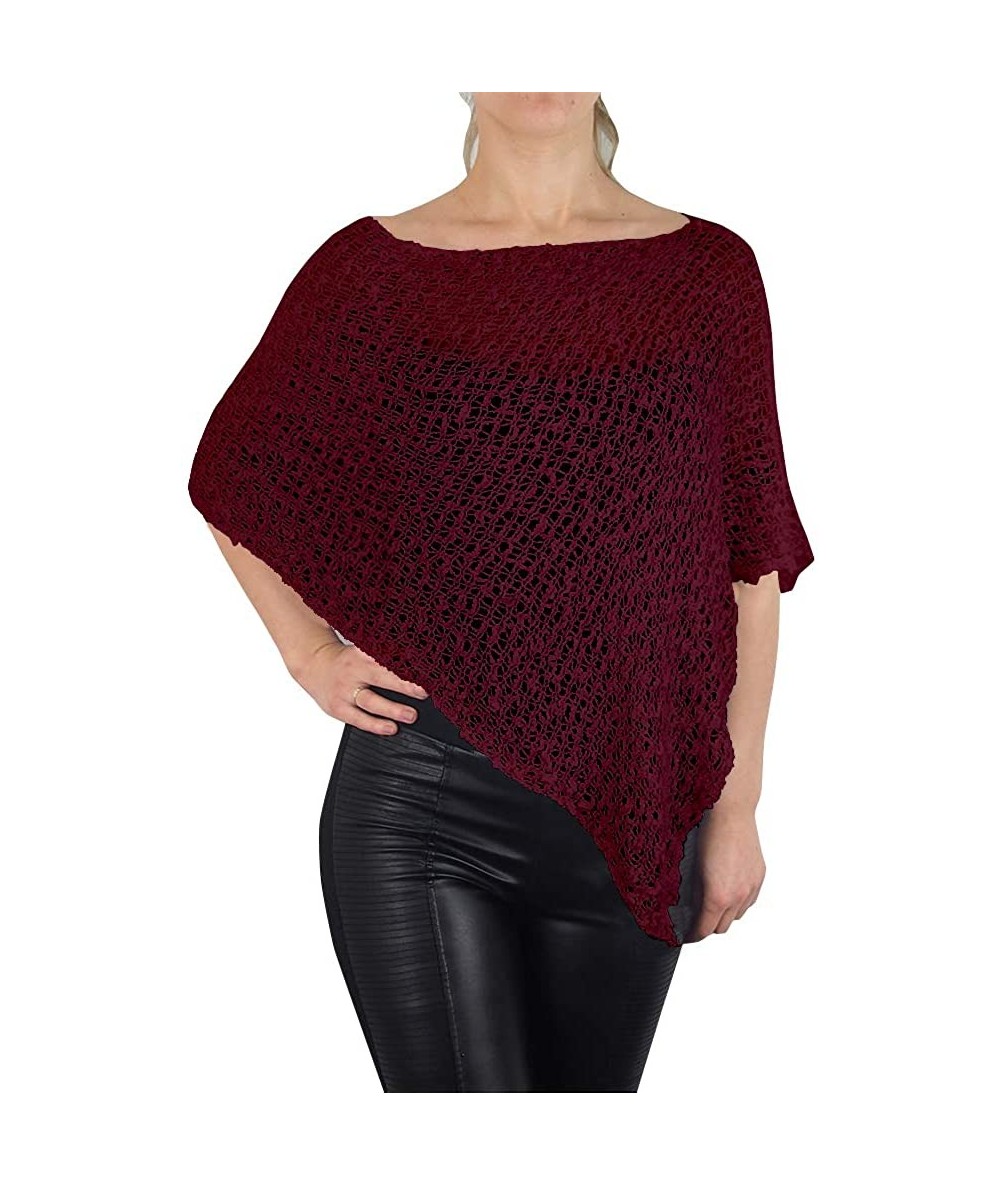 Cover-Ups Ladies Popcorn Crochet Stretch Lace Fish Net Batwing Small Poncho - Burgundy - CQ18R3X7M88 $48.28