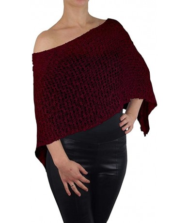 Cover-Ups Ladies Popcorn Crochet Stretch Lace Fish Net Batwing Small Poncho - Burgundy - CQ18R3X7M88 $48.28