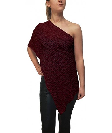 Cover-Ups Ladies Popcorn Crochet Stretch Lace Fish Net Batwing Small Poncho - Burgundy - CQ18R3X7M88 $48.28