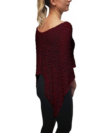 Cover-Ups Ladies Popcorn Crochet Stretch Lace Fish Net Batwing Small Poncho - Burgundy - CQ18R3X7M88 $48.28